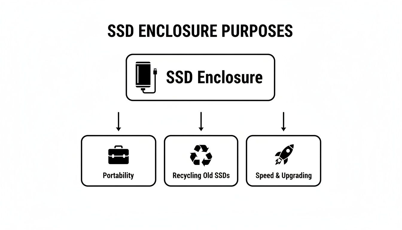 Flowchart illustrating the purposes of an SSD enclosure for portability, recycling old SSDs, and speed & upgrading.