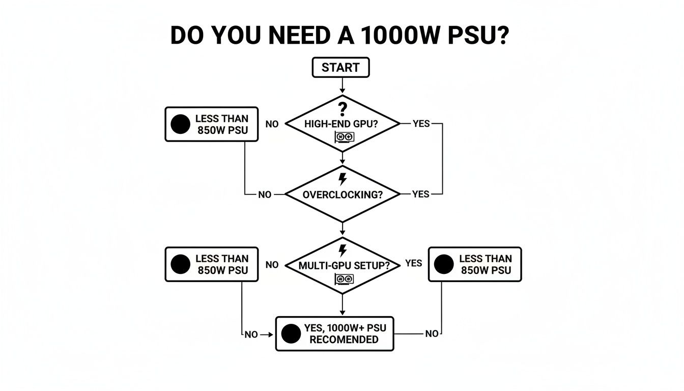Flowchart diagram guiding users on whether a 1000W power supply is needed based on PC components.