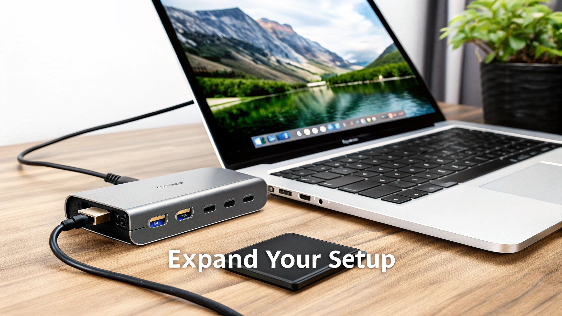 A silver laptop connected to a multi-port USB hub with an HDMI cable, on a wooden desk.