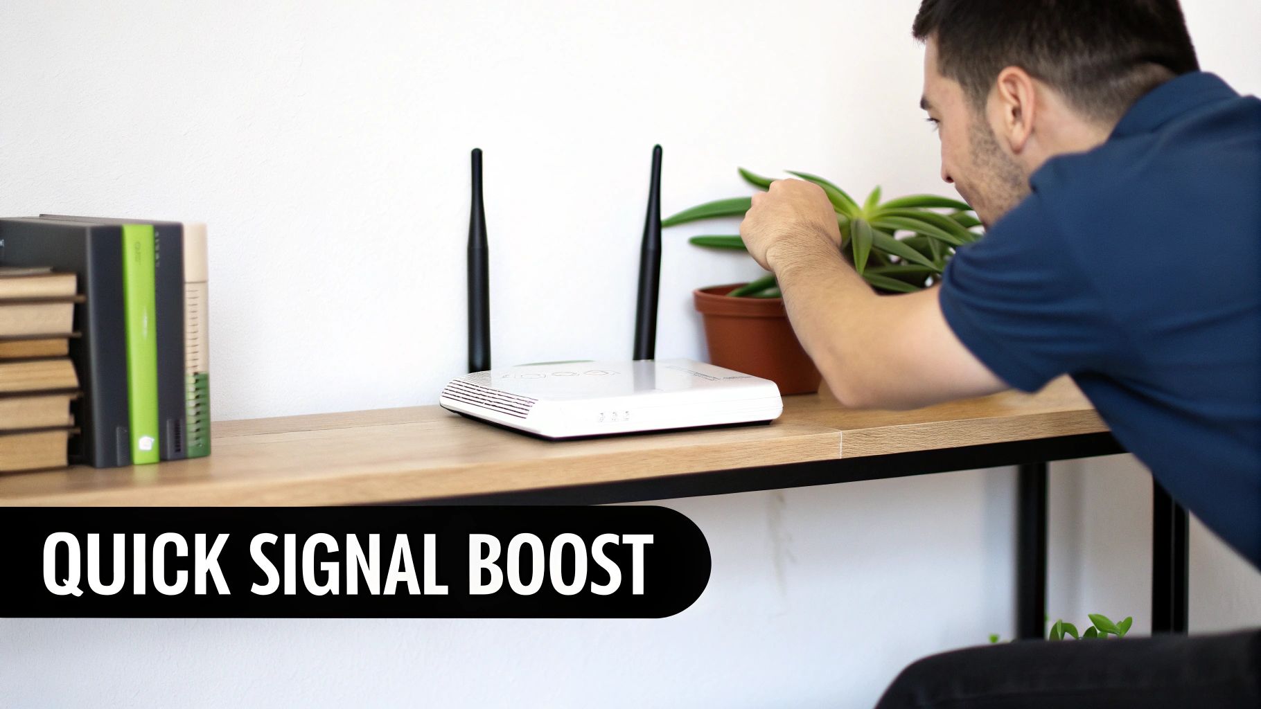 Man looking at white wireless router with two antennas on wooden desk for signal boost