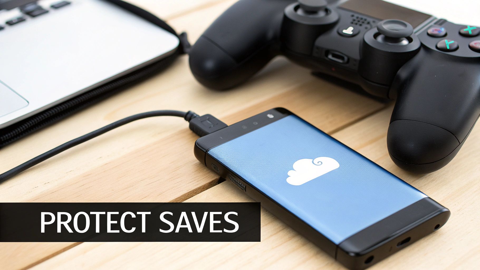 A smartphone with a cloud icon is connected by cable, next to a laptop and PS4 controller, displaying 'PROTECT SAVES'.