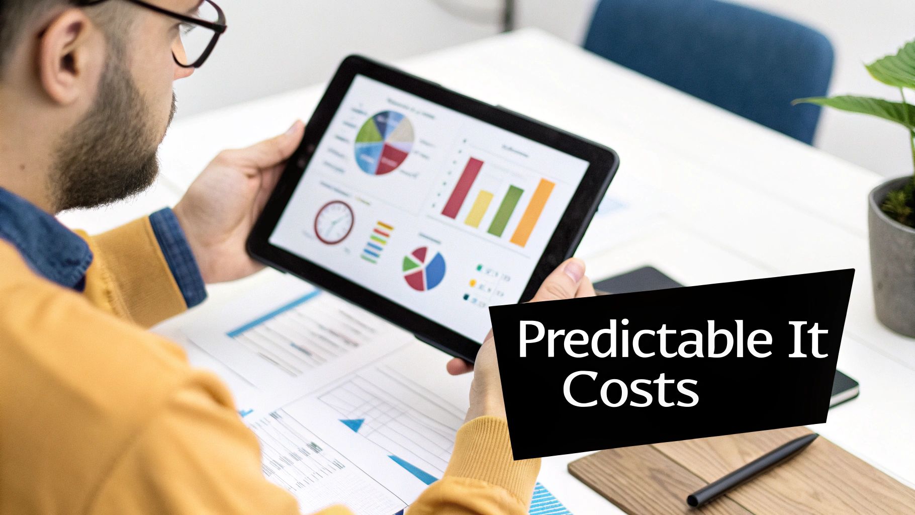 A person reviewing a financial chart on a tablet, symbolizing IT investment.