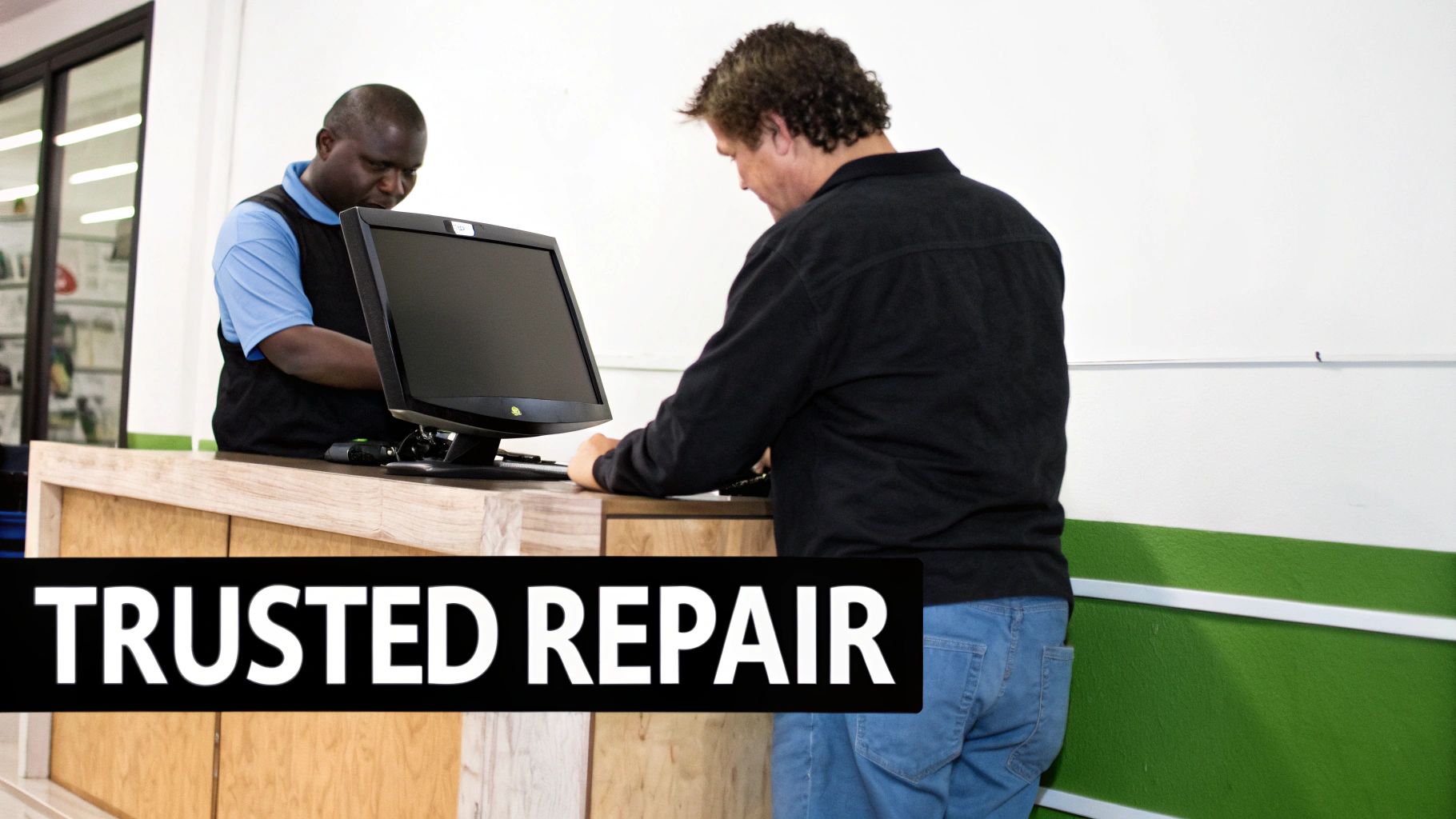 Customer receiving trusted repair service at modern computer service desk with monitor