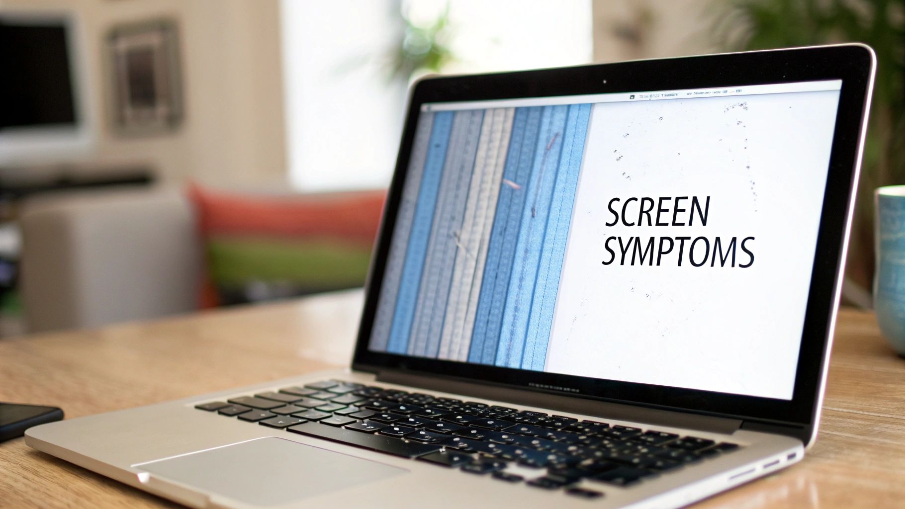 A silver MacBook Air laptop on a wooden table displays 'SCREEN SYMPTOMS' and vertical lines on its faulty screen.