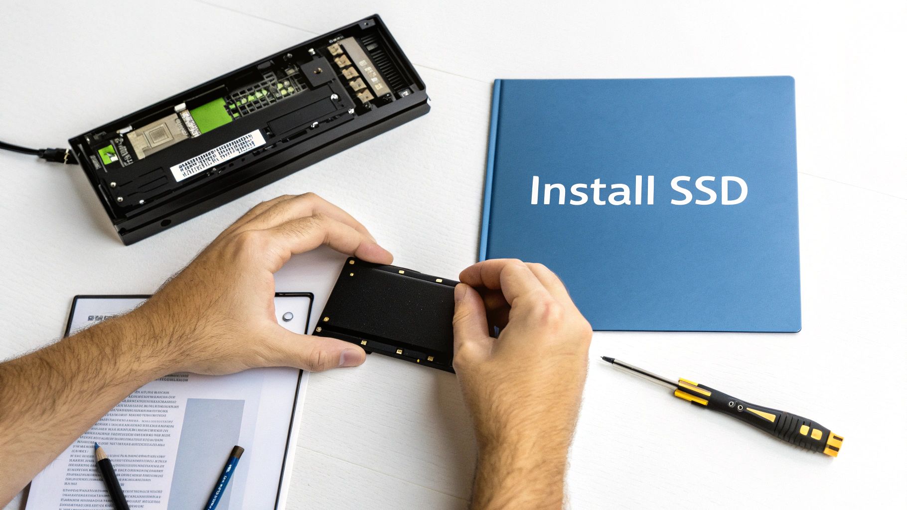 A person's hands installing a solid-state drive into an enclosure, with an 'Install SSD' manual nearby.