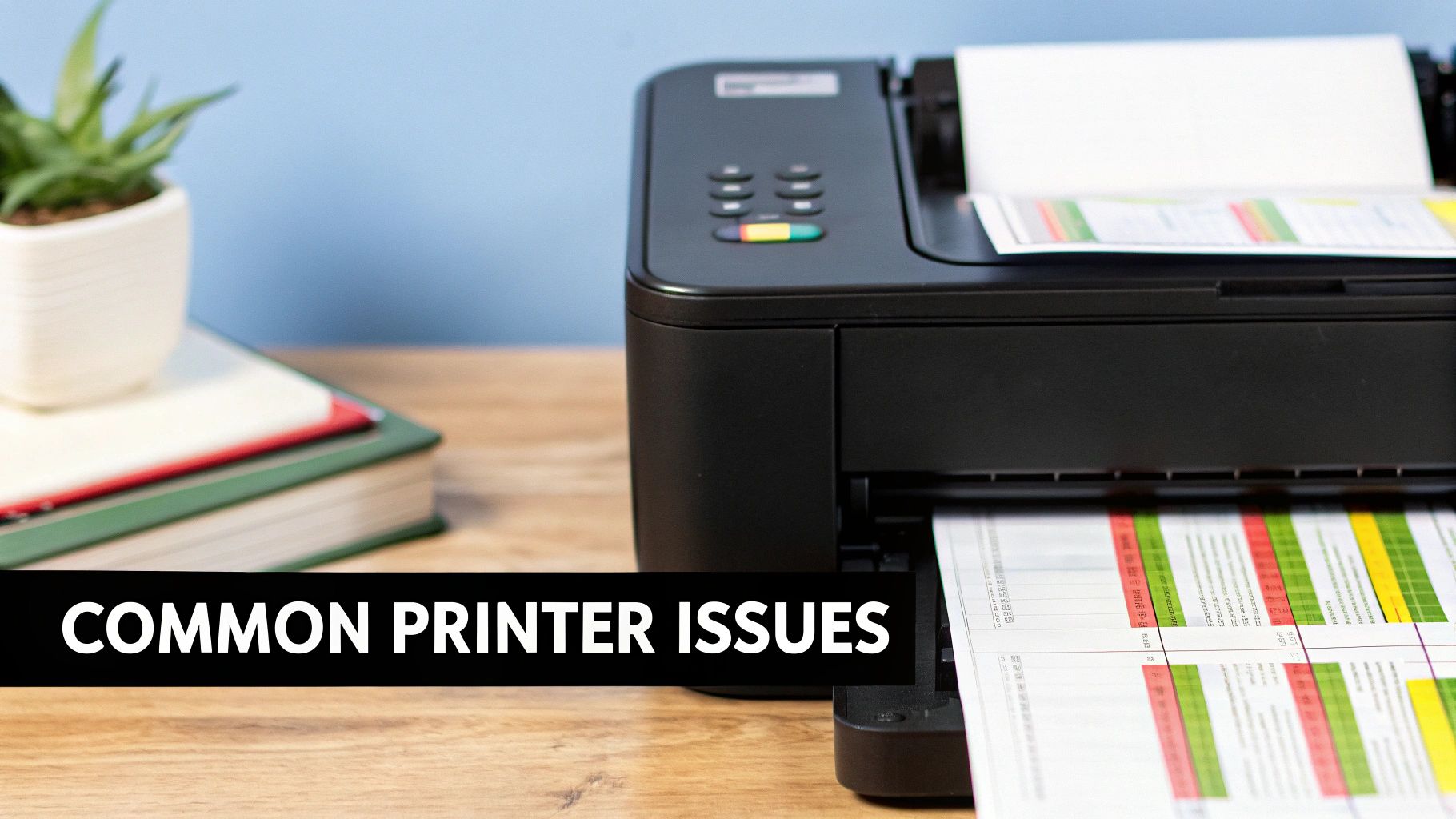 A black printer on a wooden desk with paper, next to books and a plant, and text 'COMMON PRINTER ISSUES'.