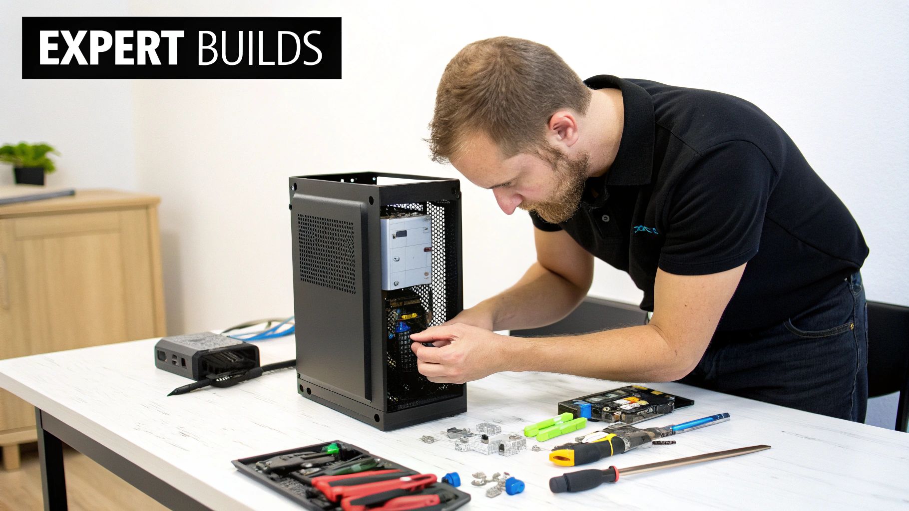 Expert technician carefully builds a mini ITX computer on a white table with various tools.
