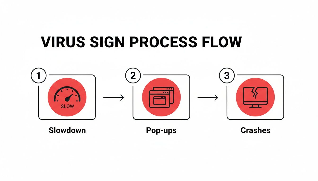A three-step process flow illustrating common virus signs: system slowdown, pop-up windows, and computer crashes.