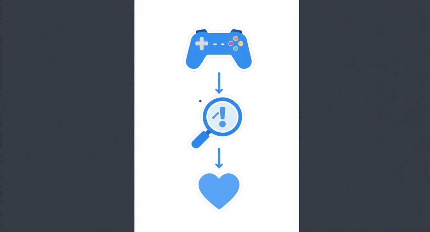 Blue game controller with magnifying glass and heart icon showing repair process flow diagram