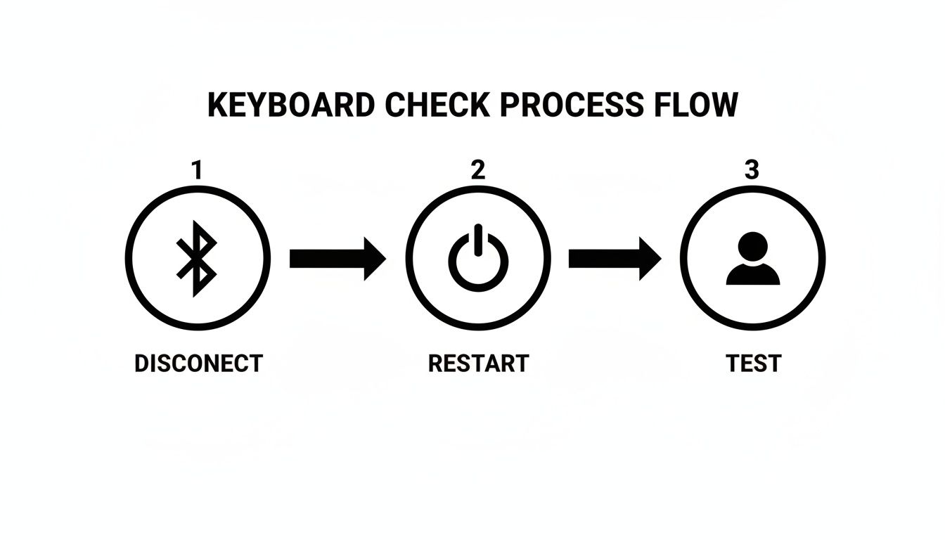 Flowchart illustrating a three-step keyboard check process: disconnect Bluetooth, restart, and test.