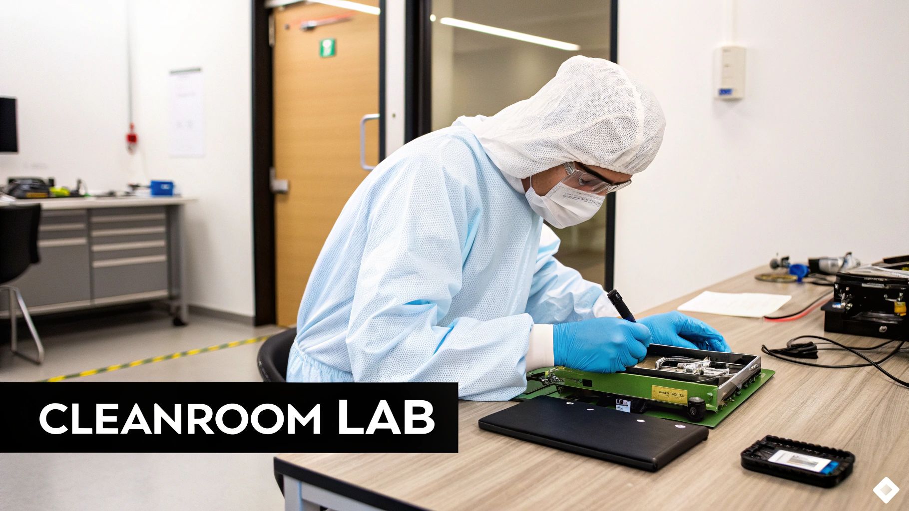 A technician carefully examining a hard drive with specialized tools.