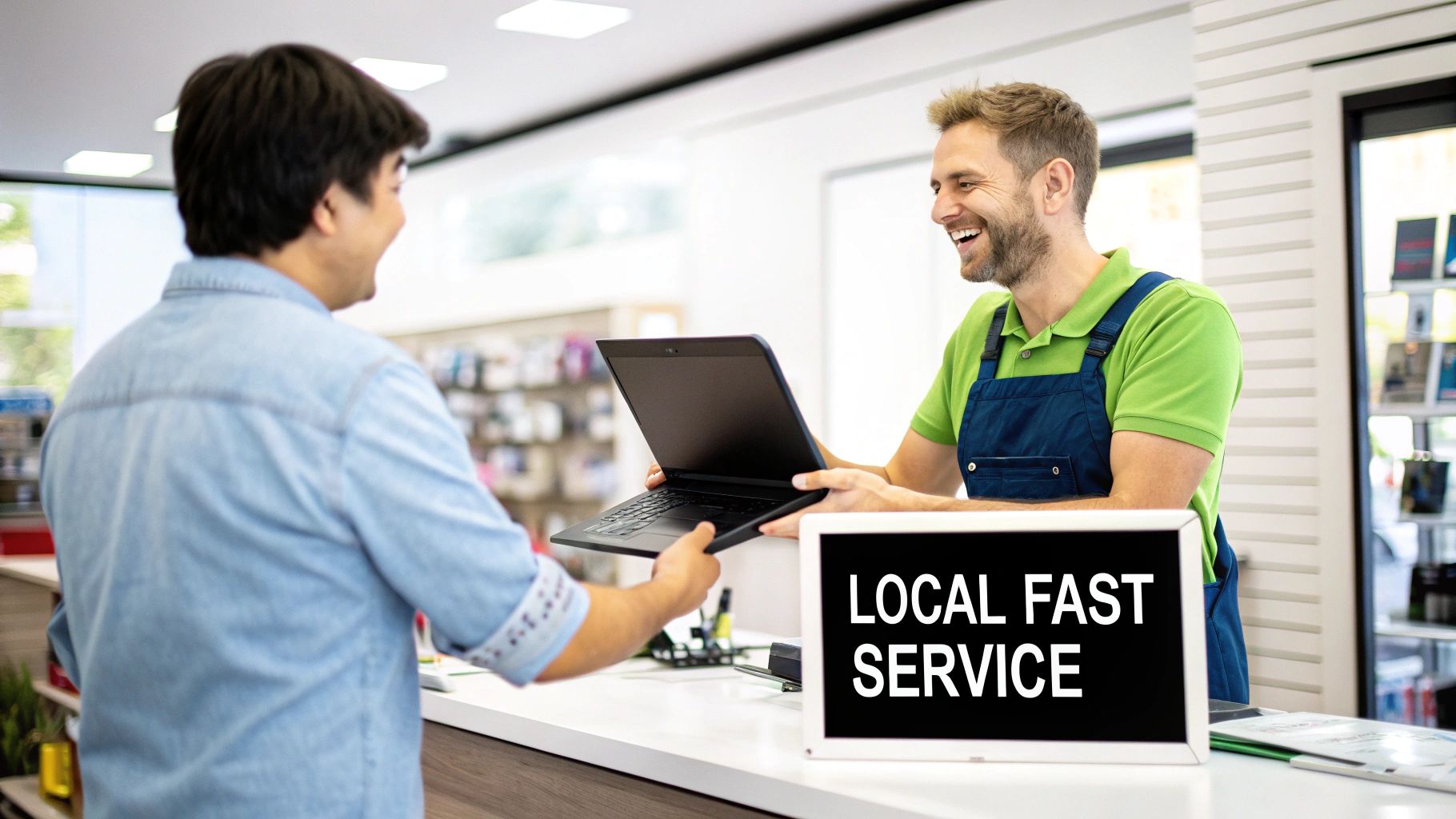 Happy customer handing a black laptop to a smiling technician at a local fast service counter.