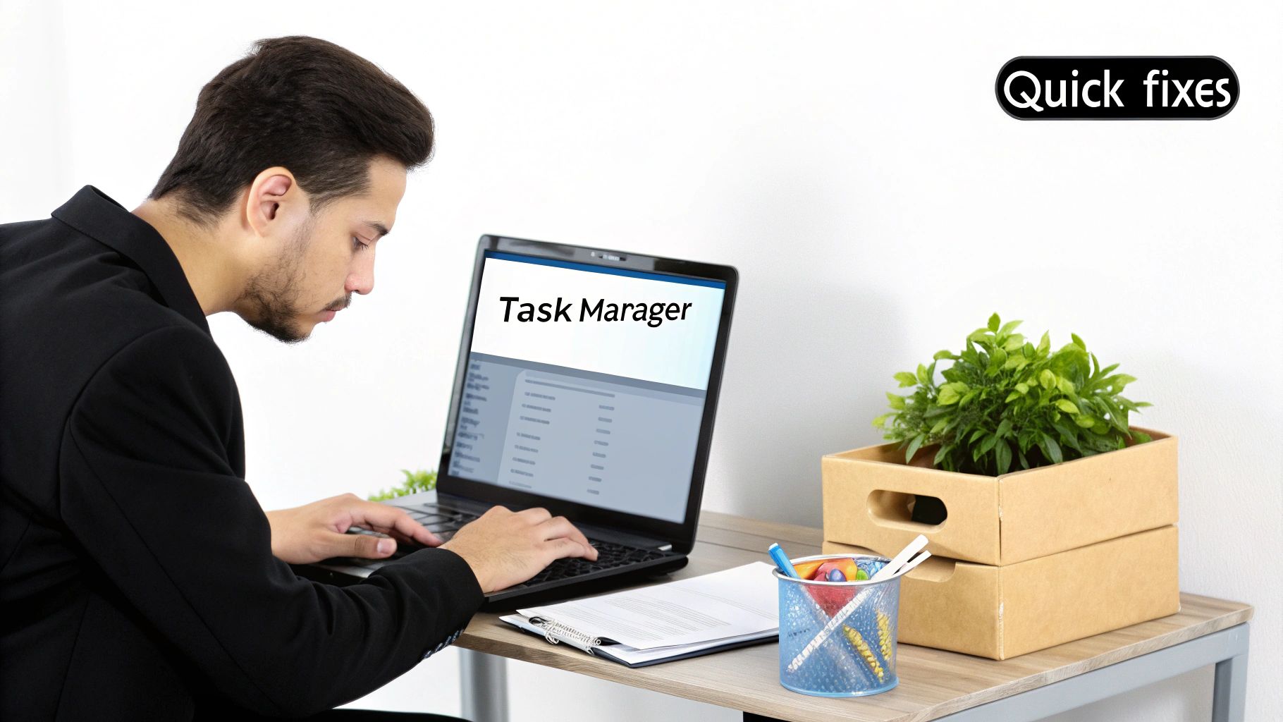 A man troubleshooting his laptop using Task Manager, sitting at a desk with plants.