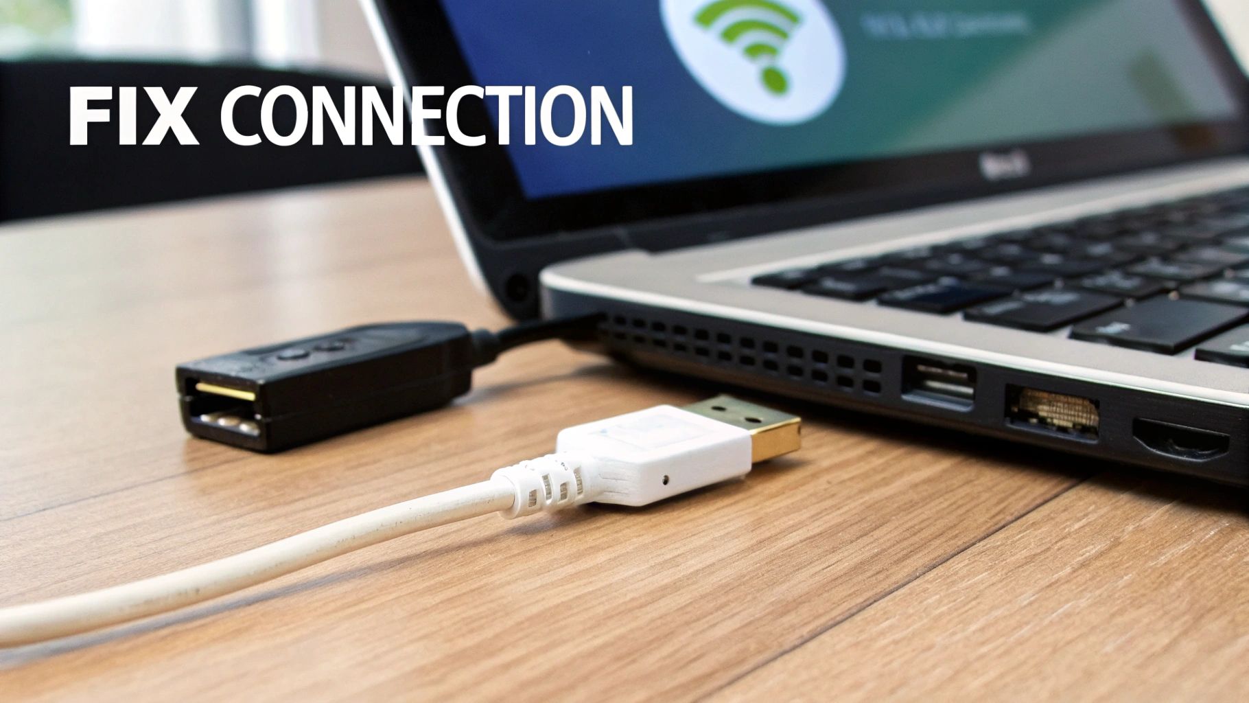 A laptop screen displays "FIX CONNECTION" and a WiFi icon, with an Ethernet to USB adapter nearby.