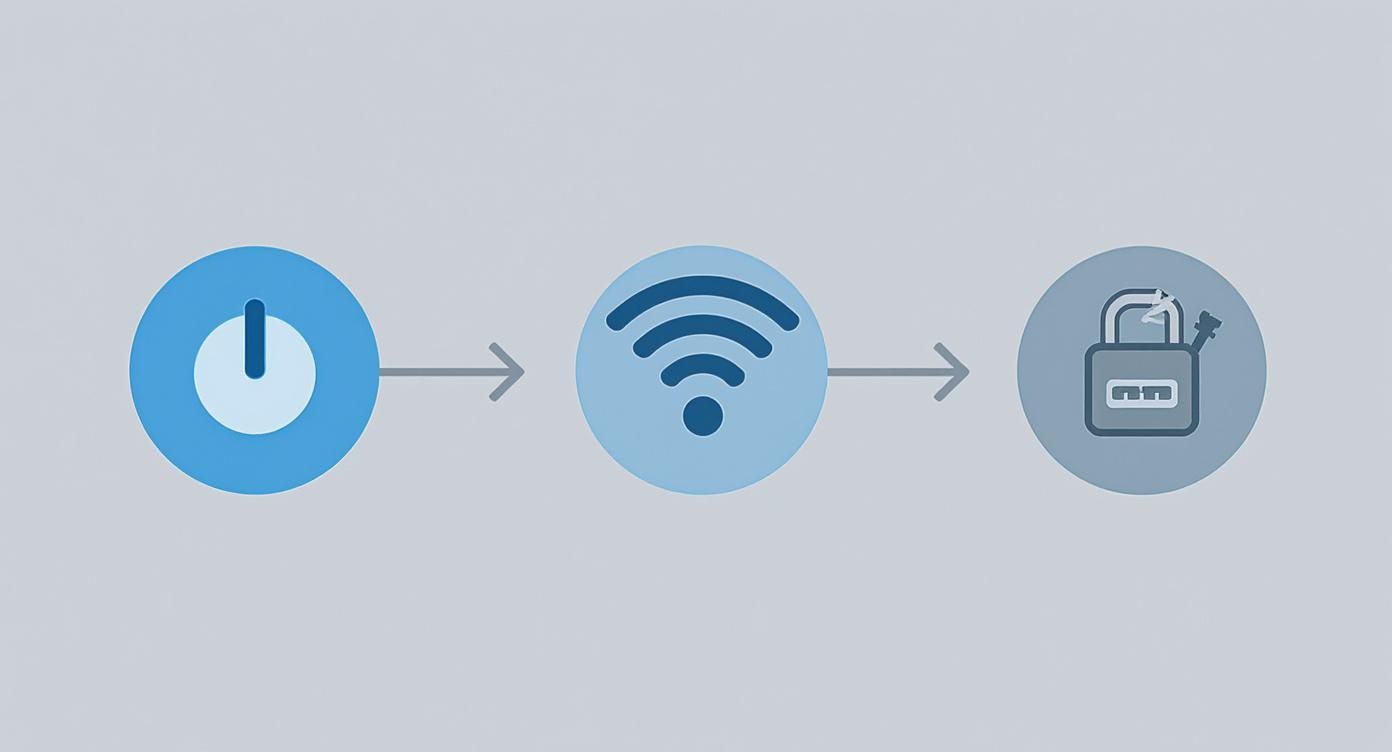 Visual guide: power on, connect to Wi-Fi, and manage security settings for wireless setup.