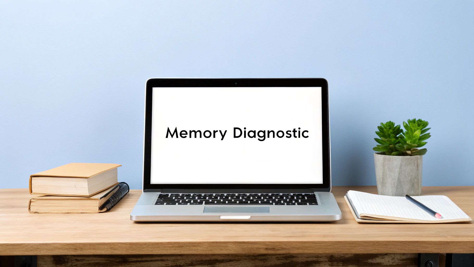 Laptop displaying 'Memory Diagnostic' on screen, resting on a wooden desk with books, a pen, and a plant.