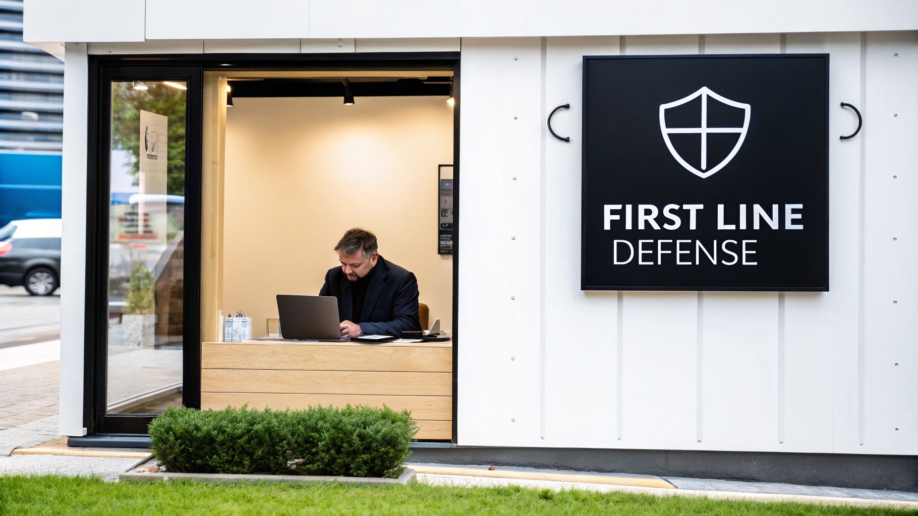 A man works on a laptop inside a modern office with a 'FIRST LINE DEFENSE' sign outside.