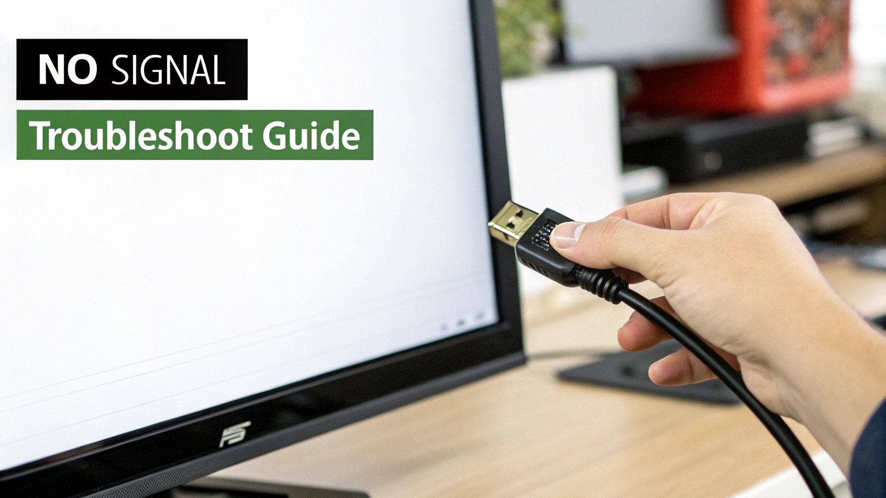 Hand connecting HDMI cable to computer monitor displaying no signal troubleshoot guide