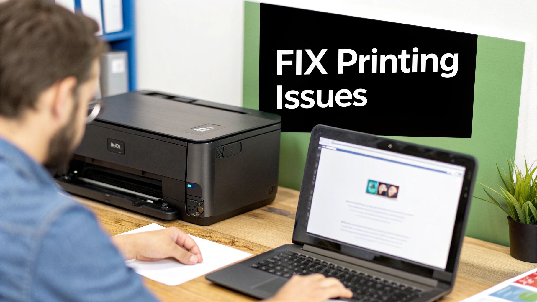 A man troubleshooting printer problems at a desk with a laptop and black printer.