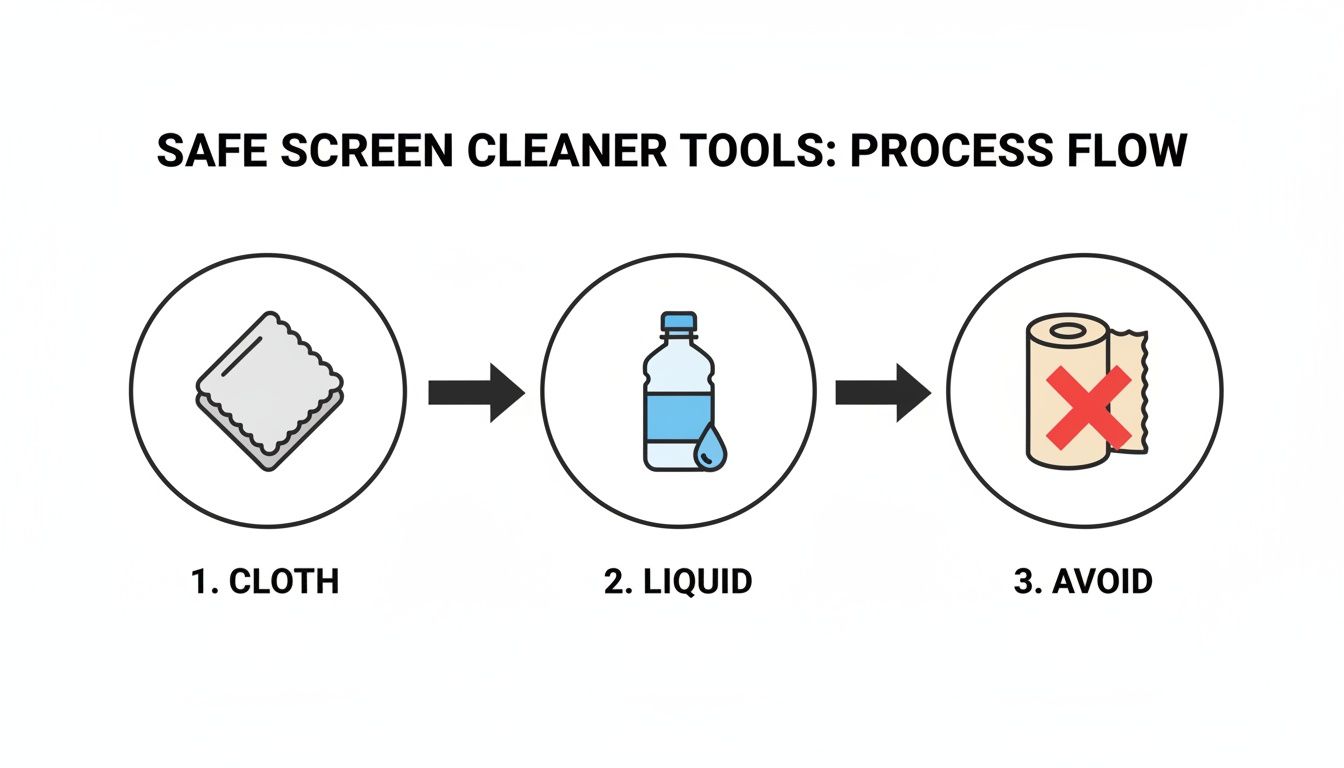 Infographic illustrating safe screen cleaning steps: use a cloth and liquid, avoid paper towels.