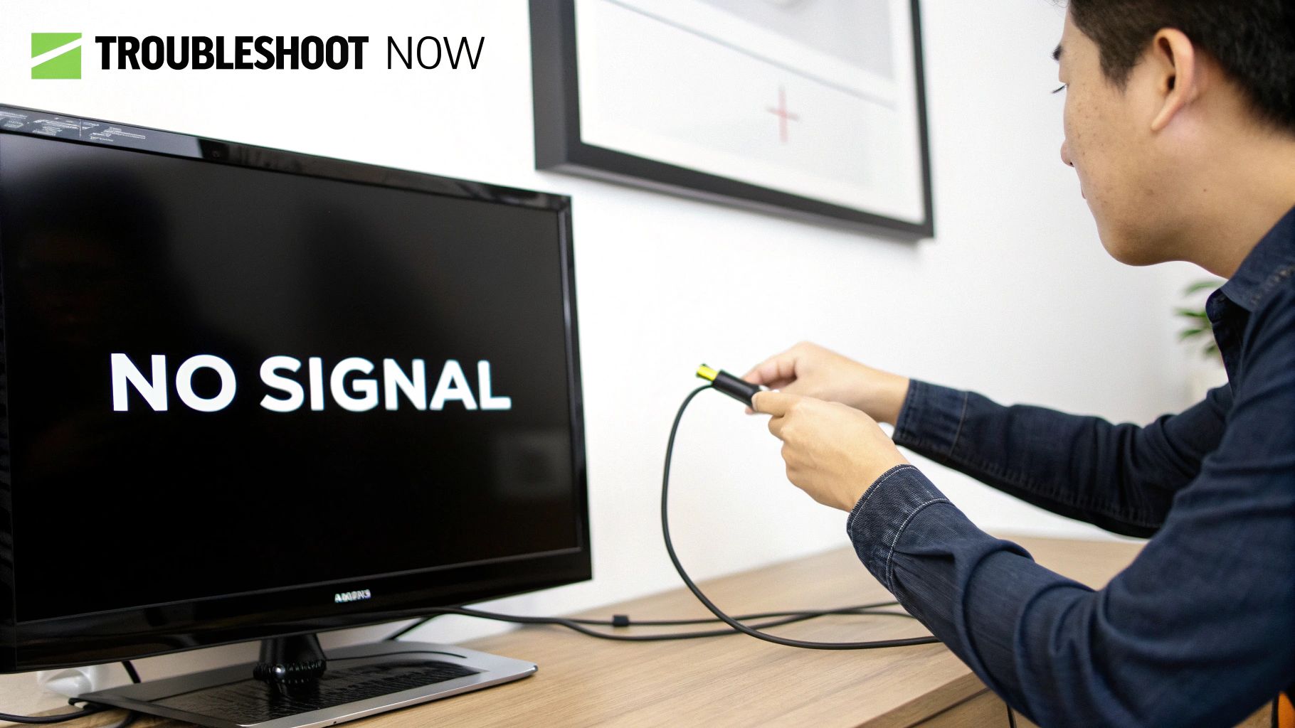 A person connecting a cable to a black TV screen displaying 'NO SIGNAL' message, troubleshooting a connection issue.