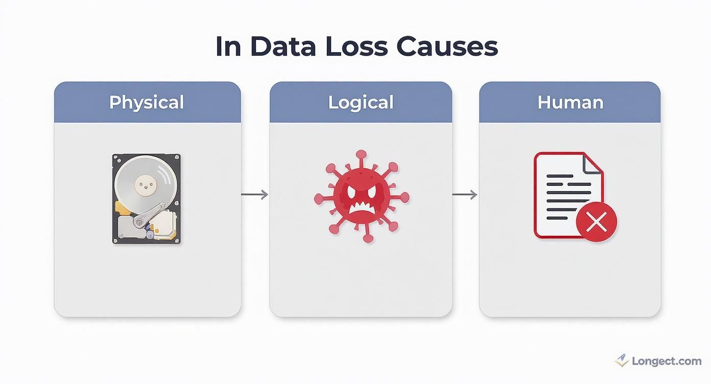 A diagram illustrating the three main causes of data loss: physical, logical (virus), and human (deleted file).