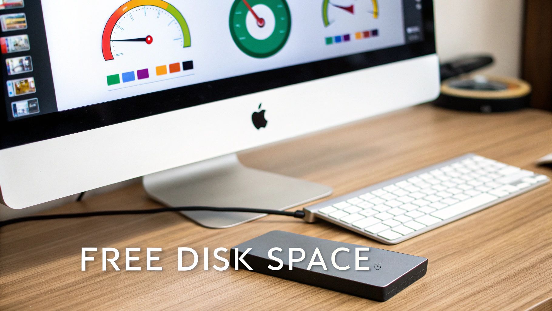 An Apple iMac displaying data charts and gauges, an external hard drive, and a keyboard on a wooden desk. Text: FREE DISK SPACE.
