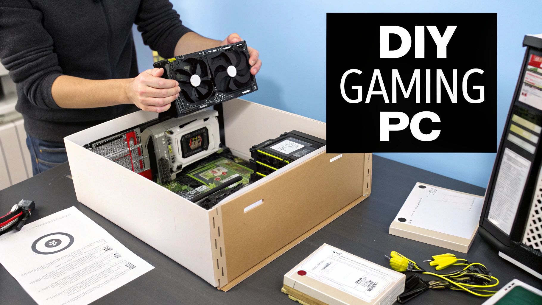 A powerful gaming PC with glowing internal components and a sleek case design.