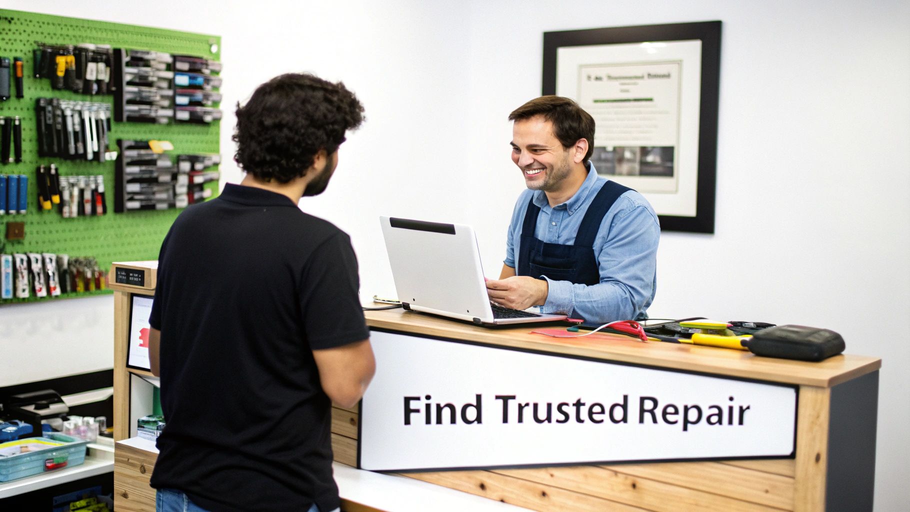Technician smiling while assisting a customer at a computer repair shop counter.