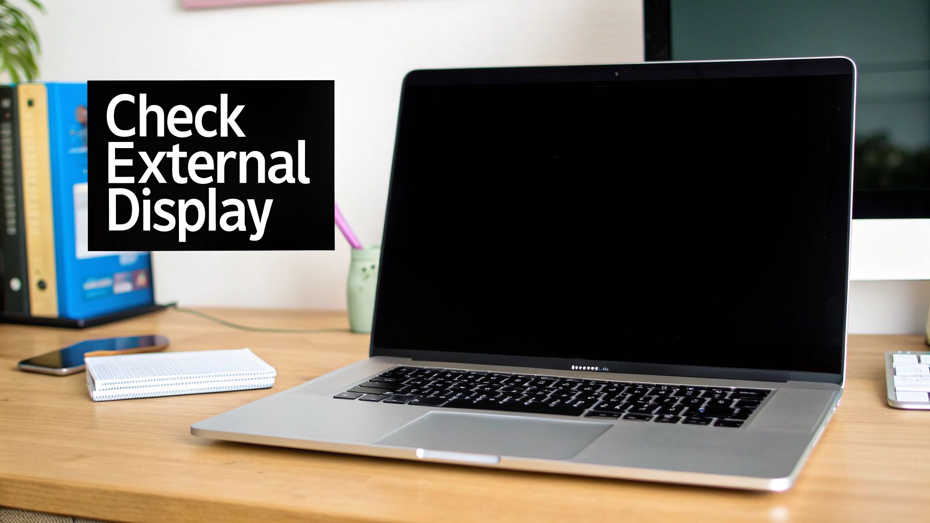 A silver MacBook Pro laptop with a black screen sits on a wooden desk, implying a display issue.