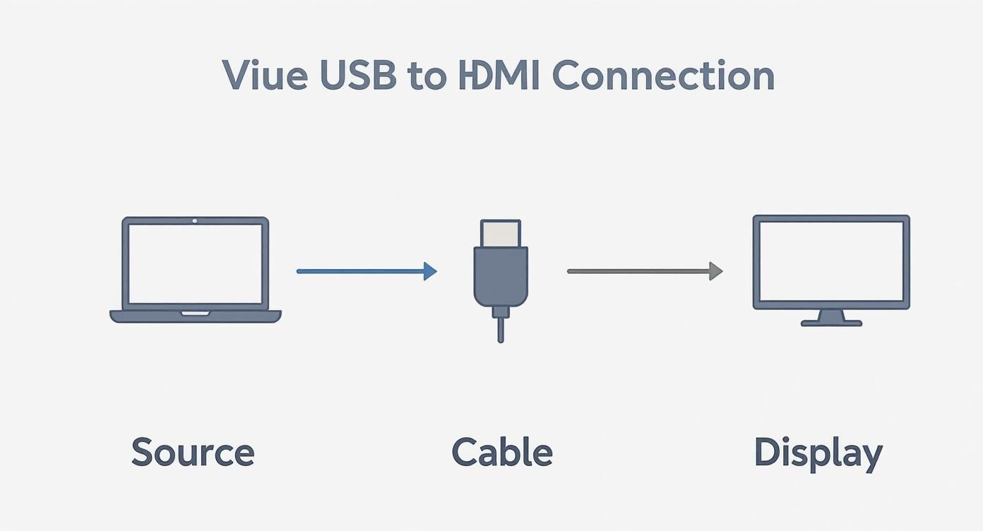 A diagram illustrating a laptop (source) connecting to a monitor (display) via a USB to HDMI cable.