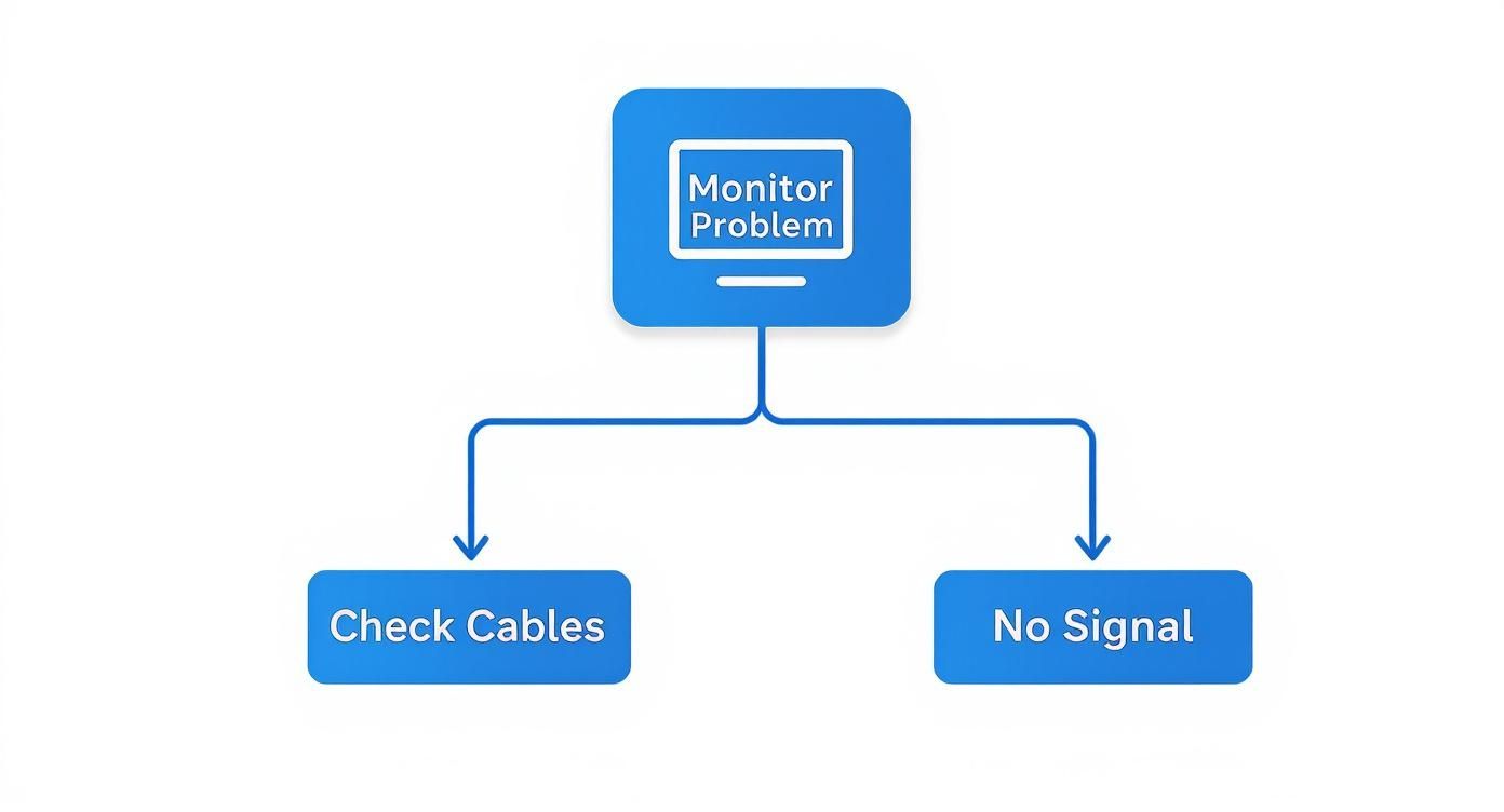 Flowchart showing monitor troubleshooting steps including checking cables and signal issues for computer repair