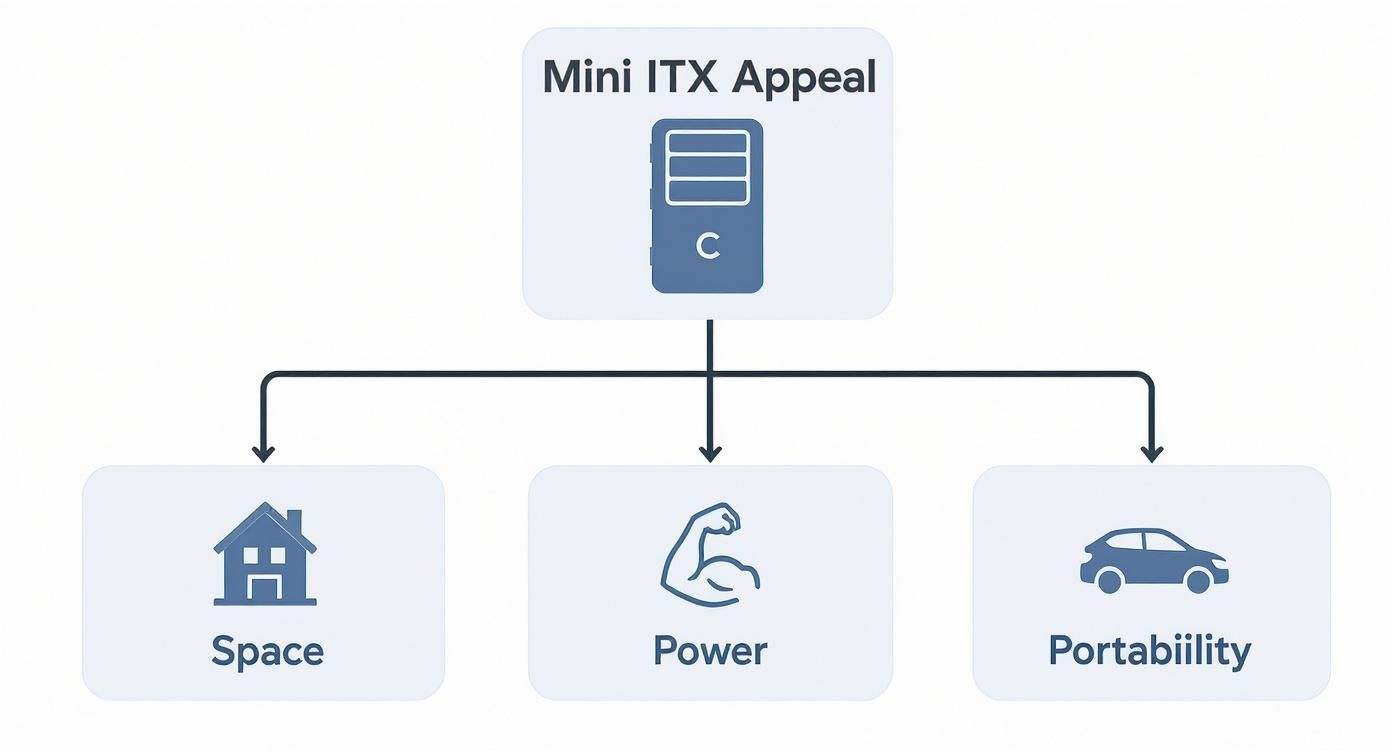 A diagram illustrating the appeal of Mini ITX computers, highlighting space efficiency, power, and portability.