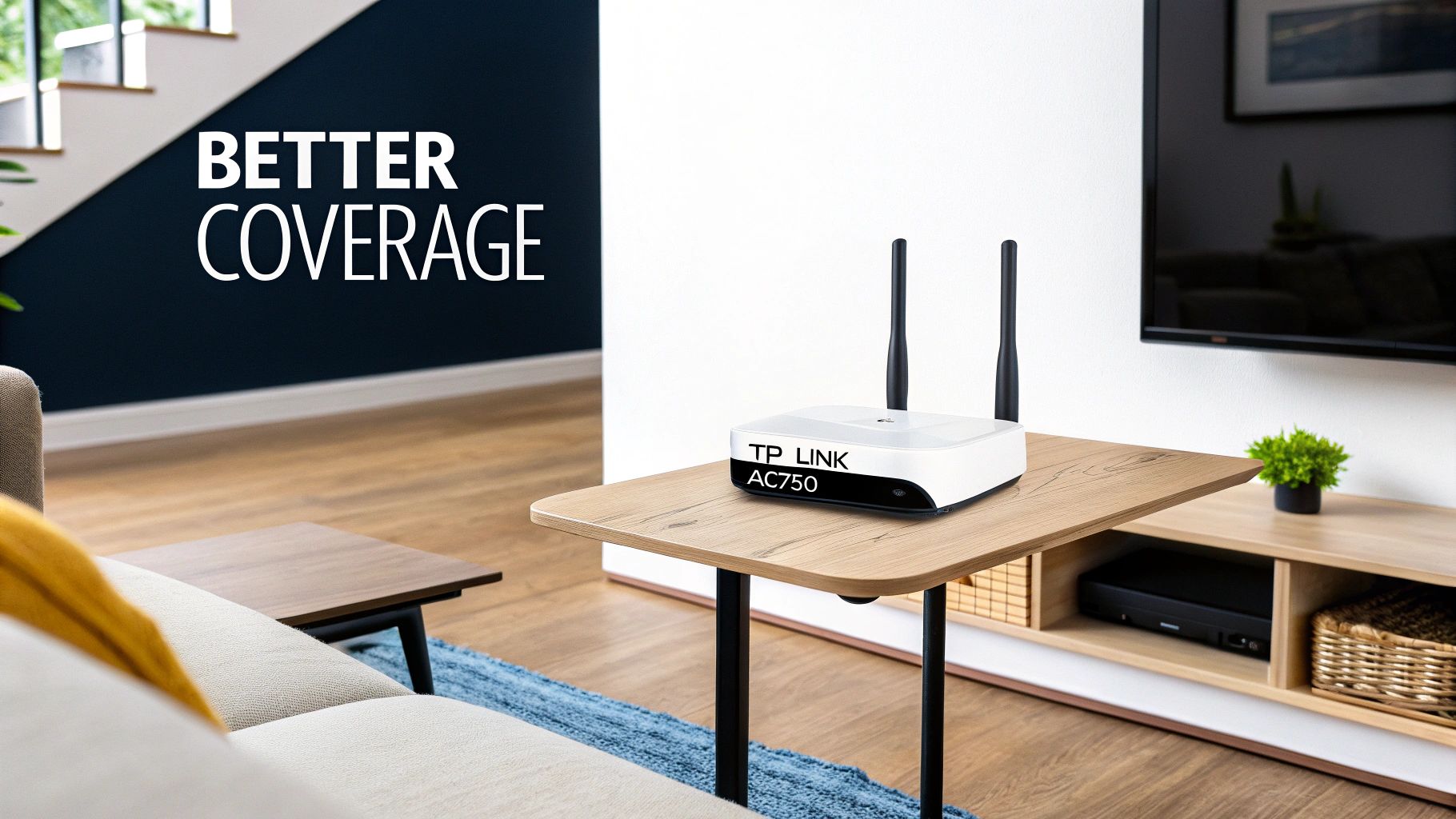 A white TP-Link AC750 wireless router with two antennas on a modern wooden side table.