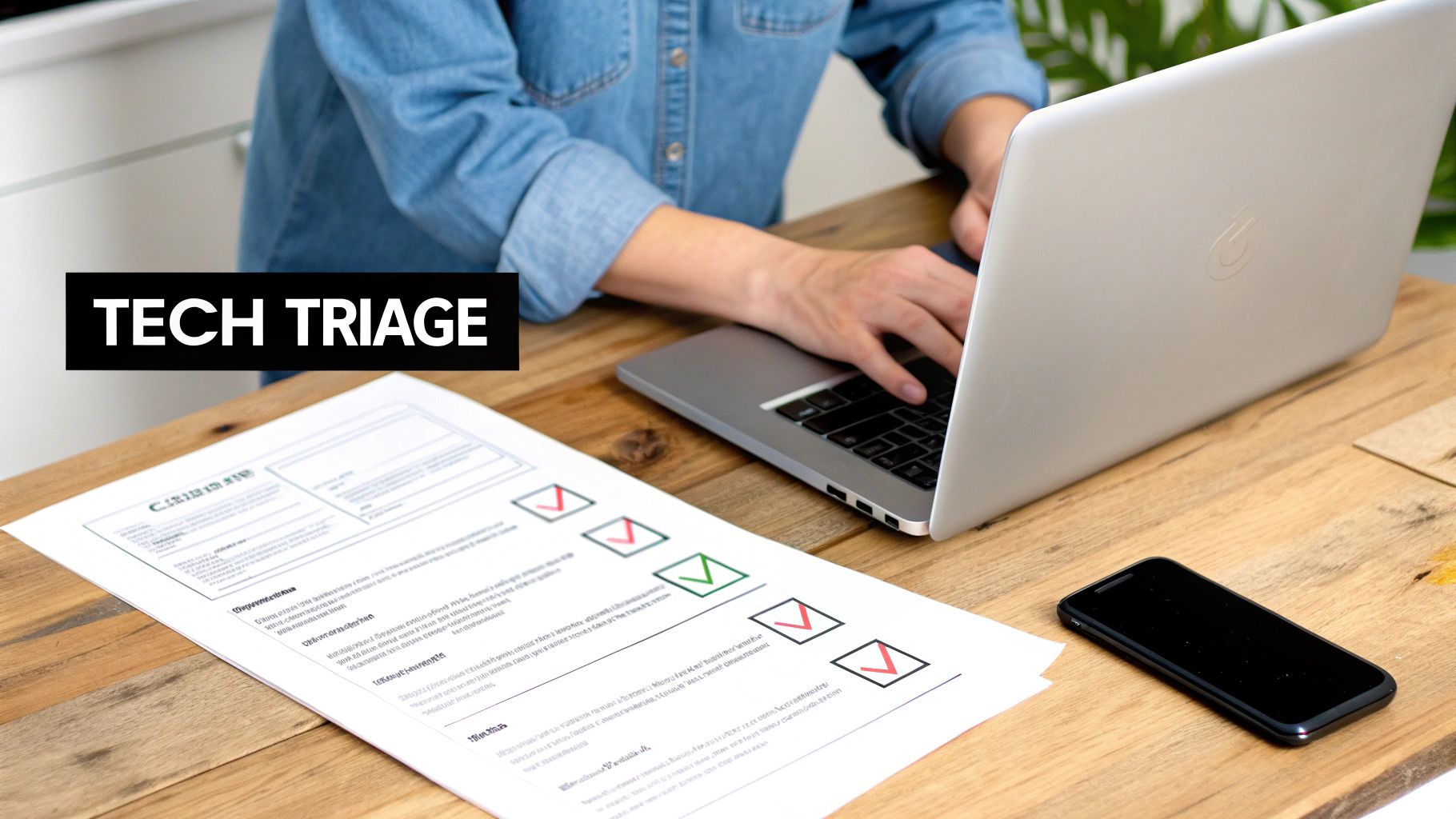 A person works on a laptop at a desk with documents, a phone, and a 'TECH TRIAGE' sign.