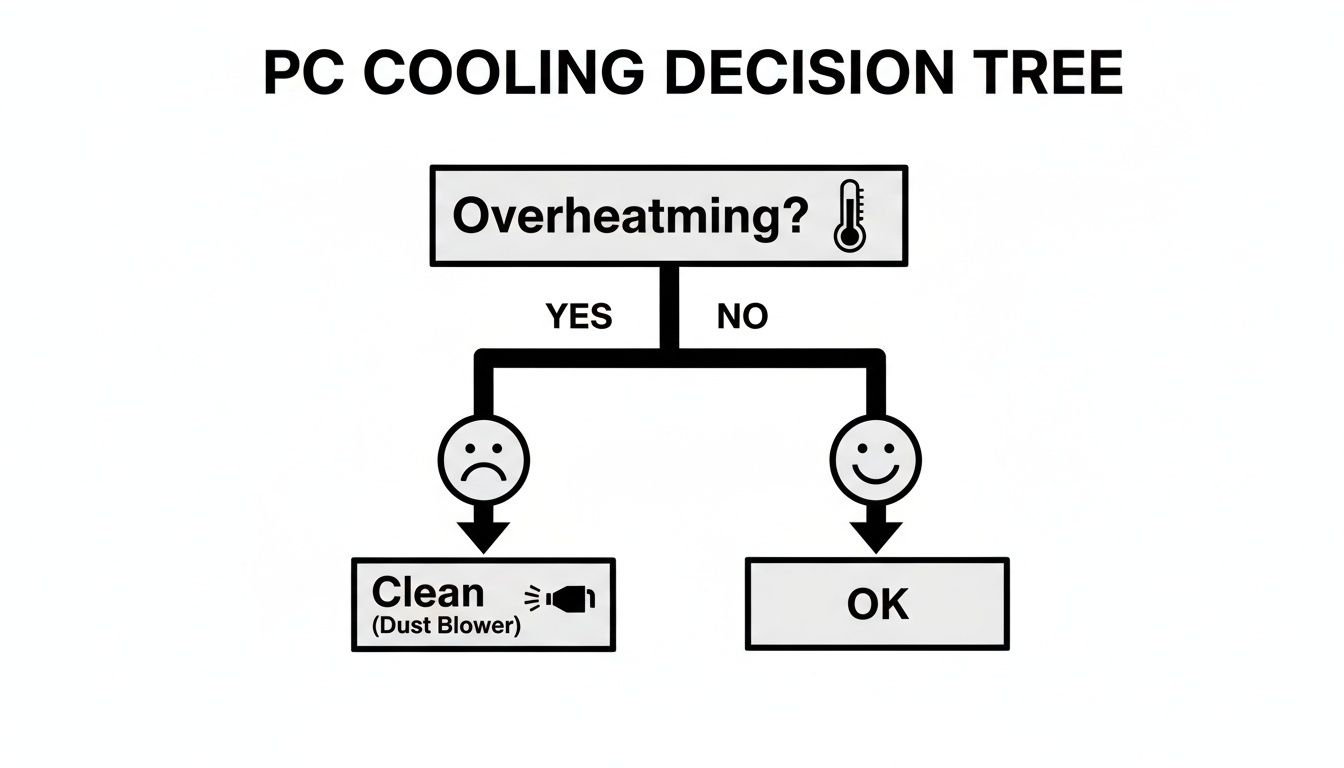 A flowchart illustrating a PC cooling decision tree: check for overheating, then clean with a dust blower if yes.