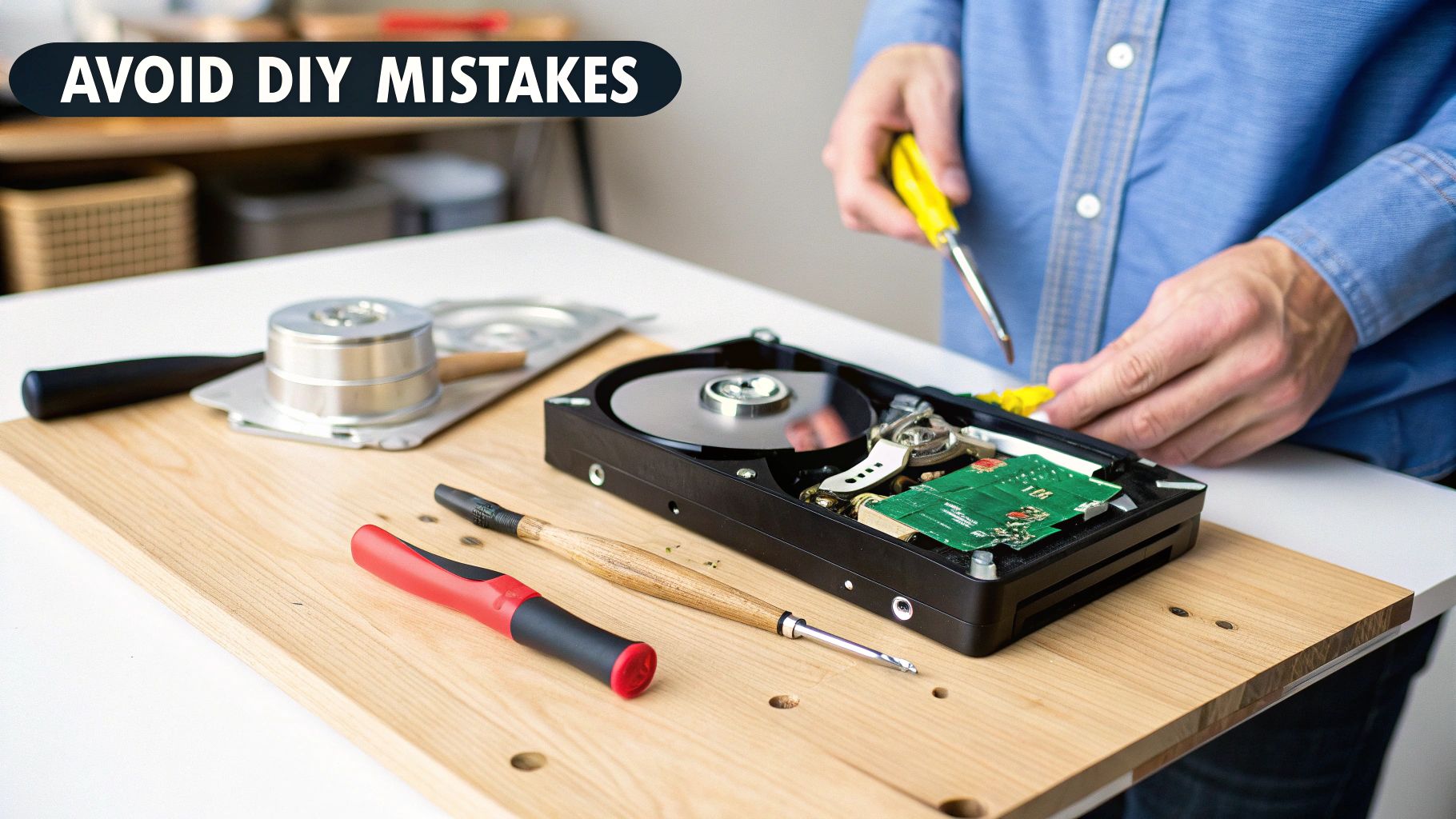 A person looking stressed while working on a disassembled hard drive at a messy desk.