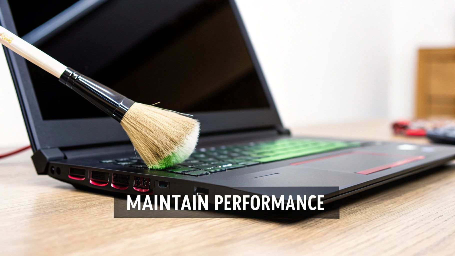 A cleaning brush dusting a black gaming laptop on a wooden desk, emphasizing maintenance.