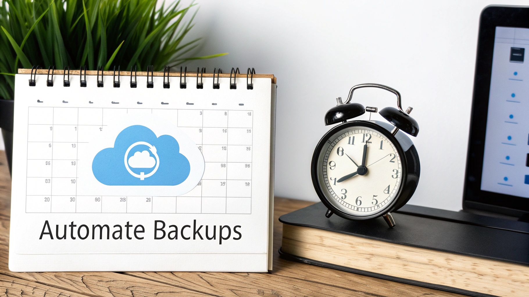 A desk calendar showing 'Automate Backups' with a cloud icon, next to an alarm clock and laptop.