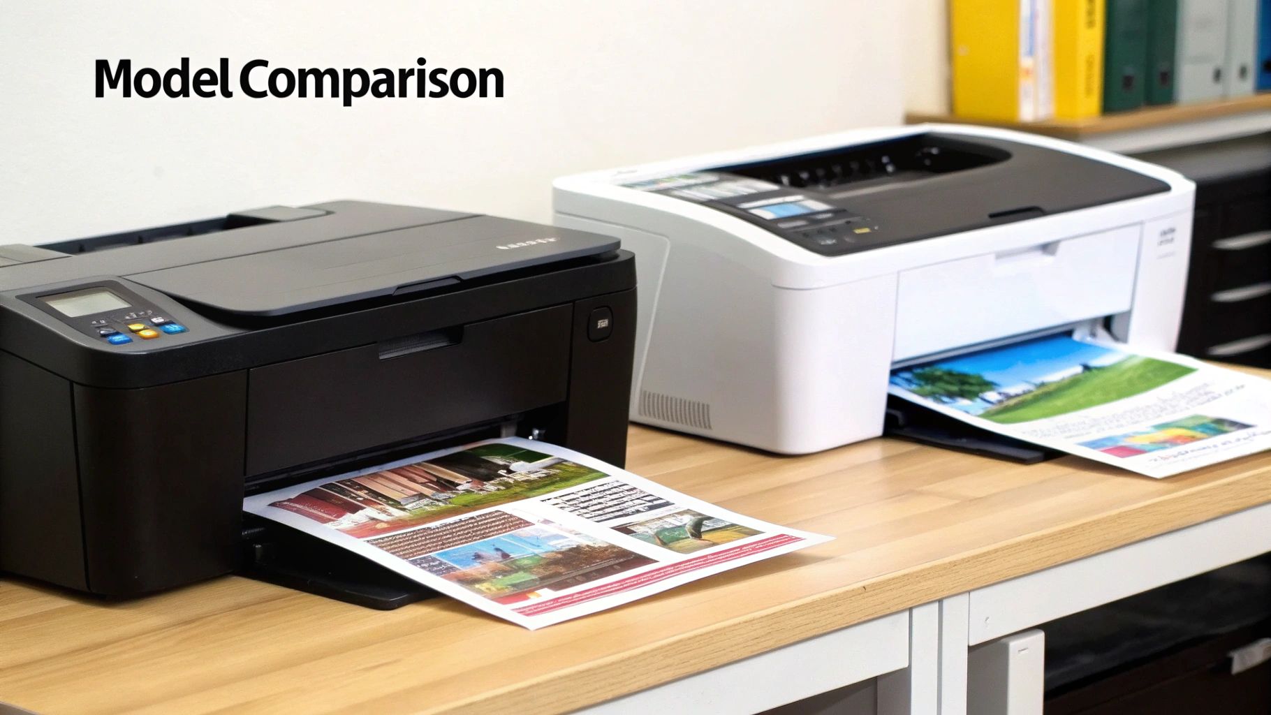 A modern home office printer connected wirelessly to a laptop, smartphone, and cloud services icons.