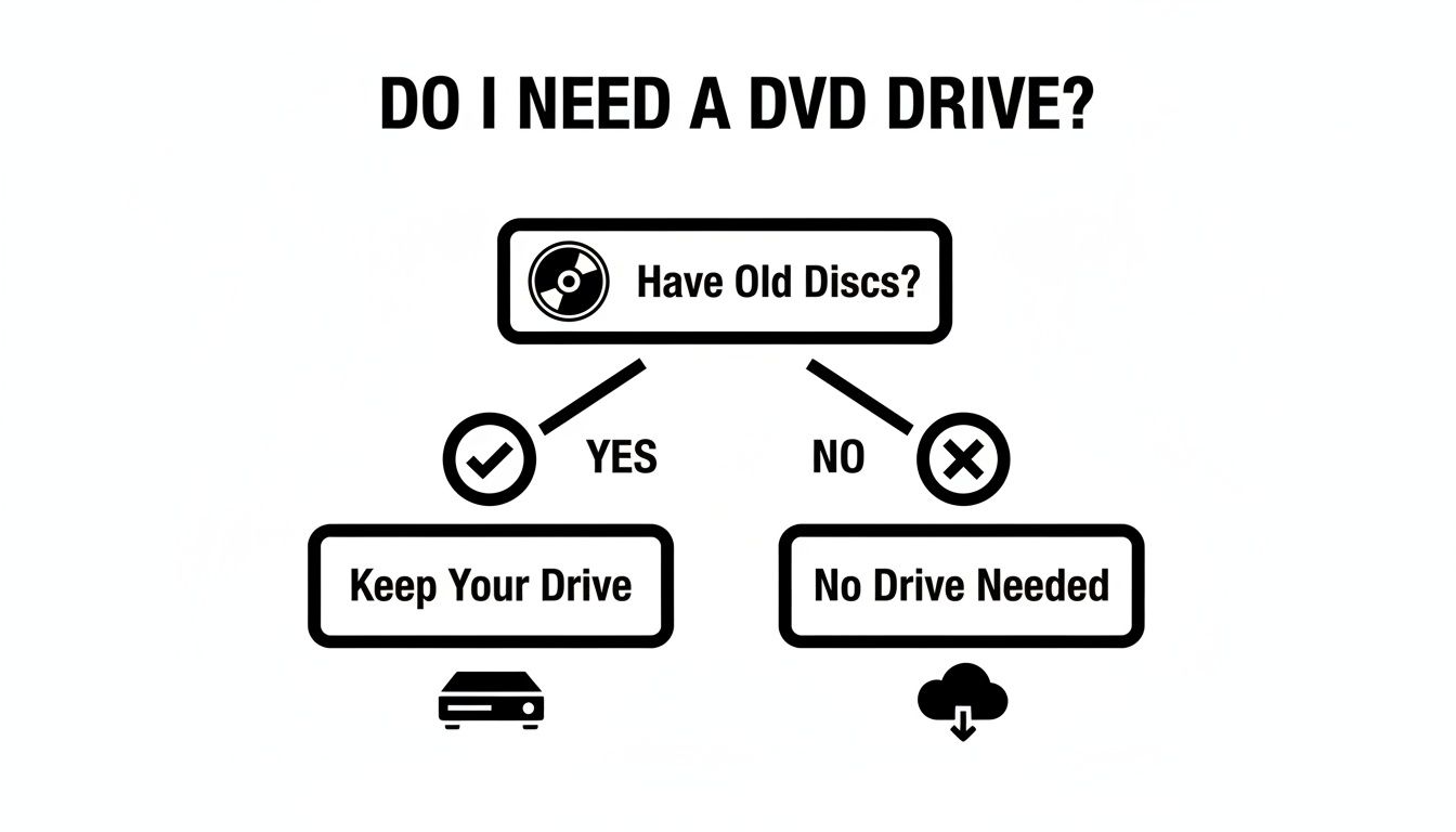 A flowchart titled 'Do I Need a DVD Drive?' guiding users based on owning old discs.