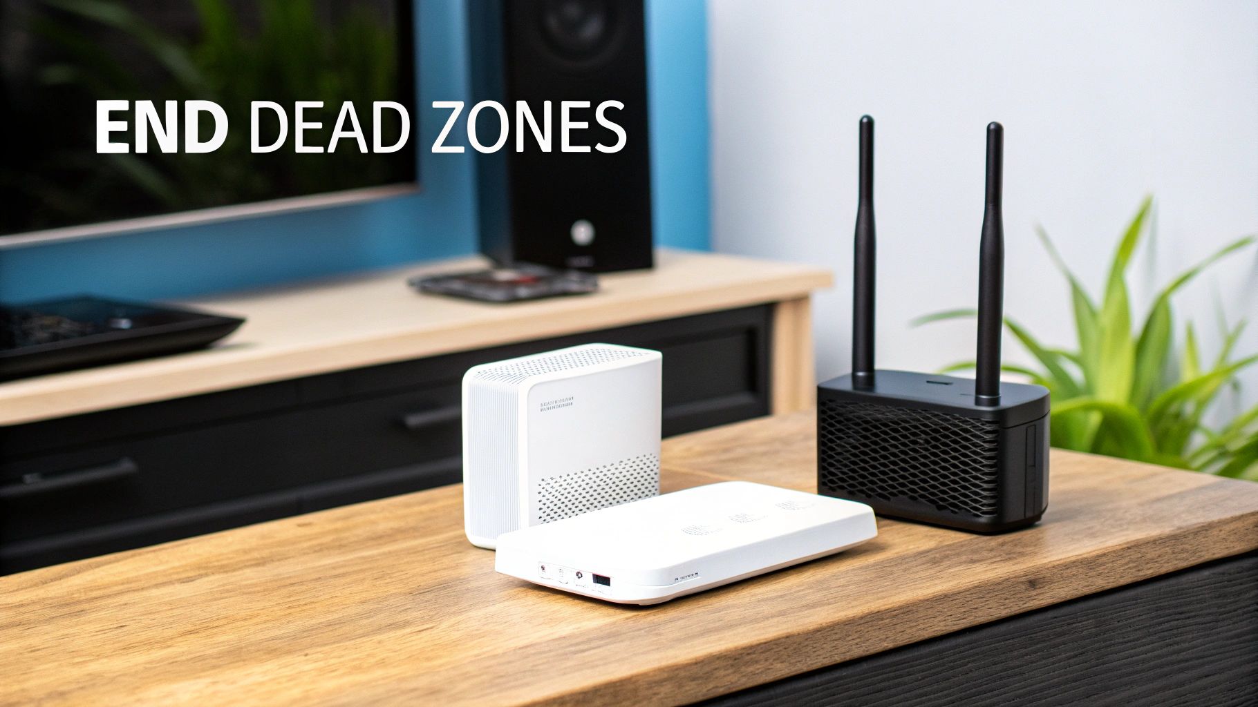 Mesh WiFi system with white router units and black wireless extender on wooden desk