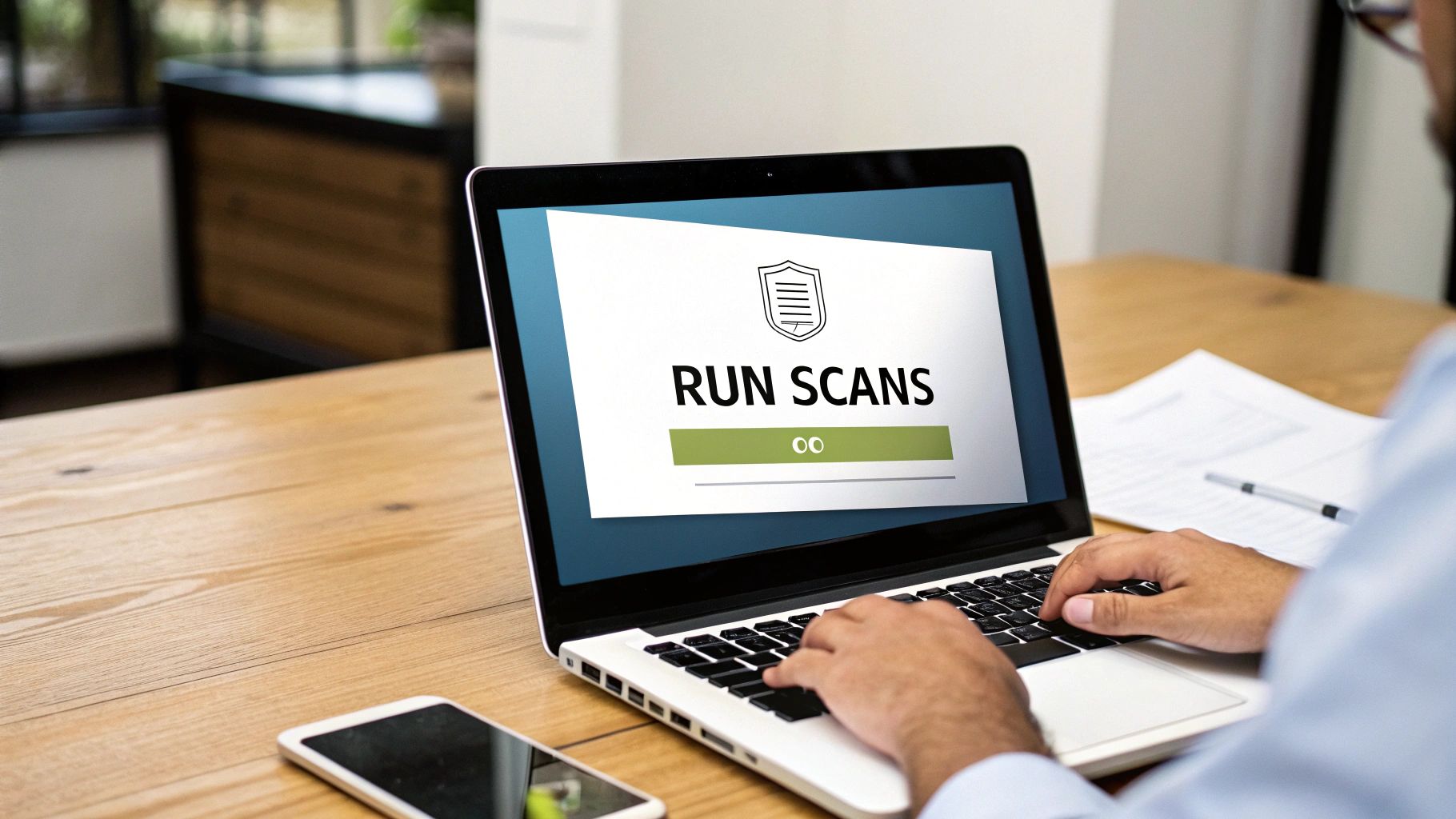 A person is typing on a laptop, running a 'SCANS' security check to remove viruses.