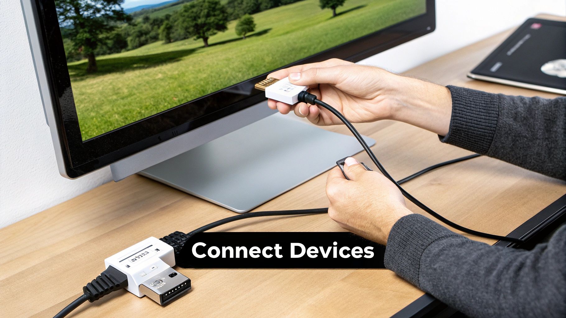 A person connects a white DVI to DisplayPort adapter to a computer monitor on a wooden desk.