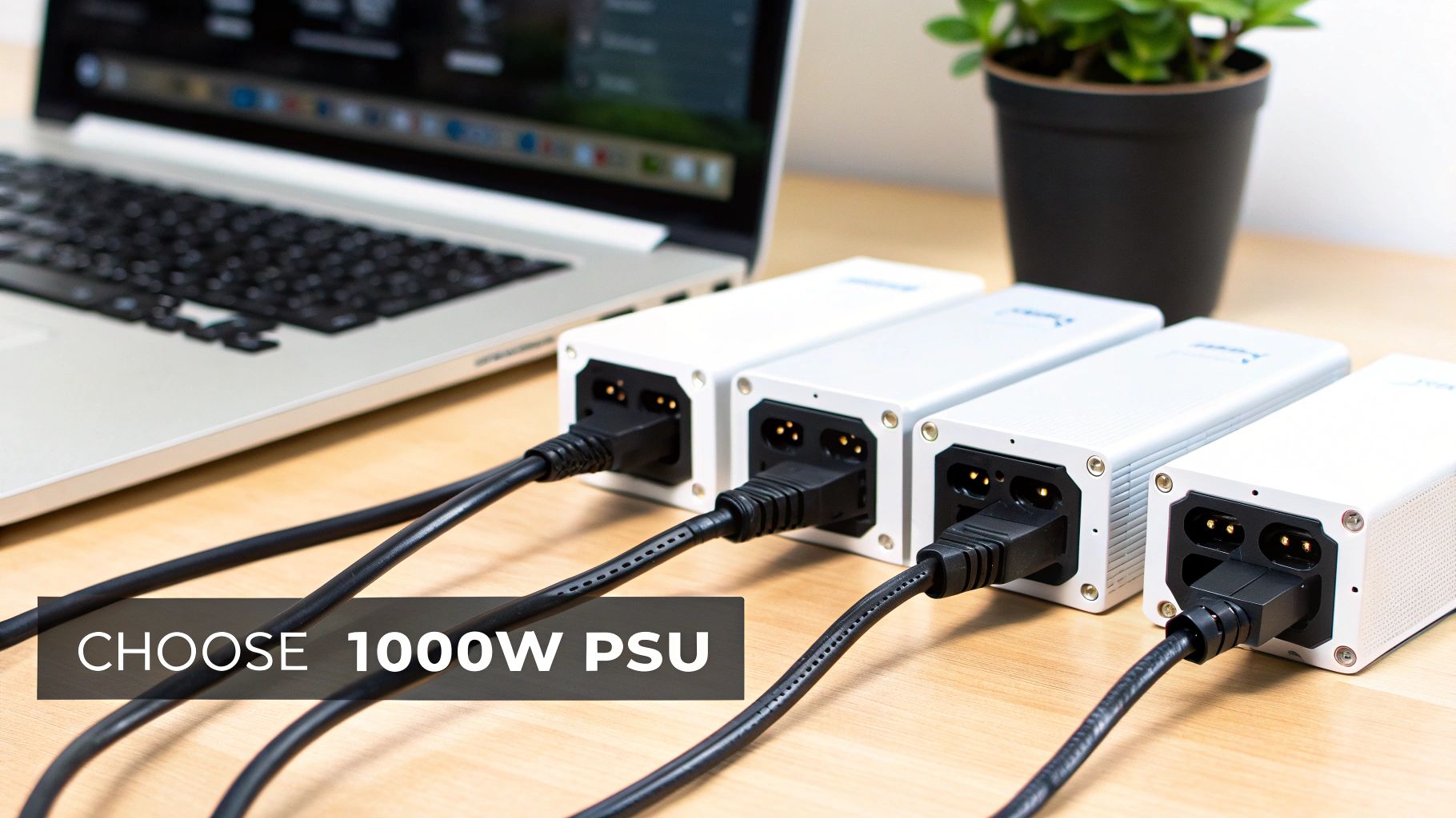 Multiple white 1000W power supply units and cables are on a desk with a laptop.