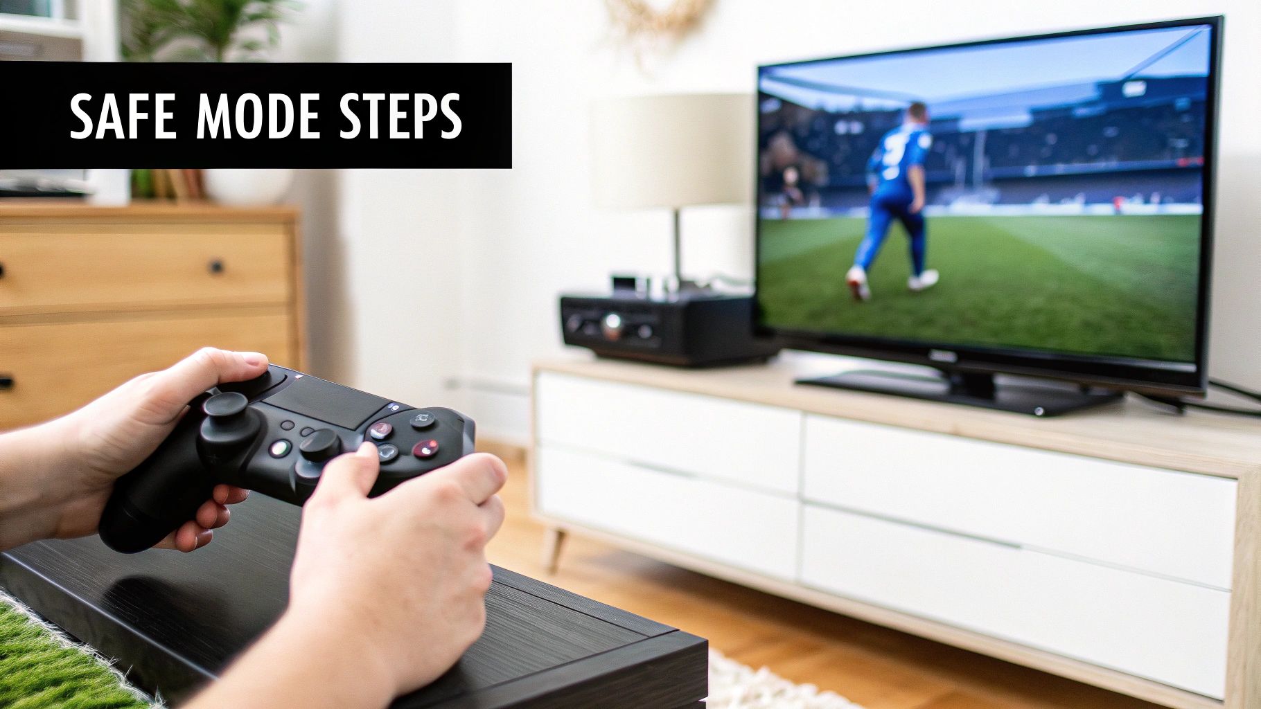 Person holding a game controller, playing a football match on a TV, with 'SAFE MODE STEPS' text overlay.