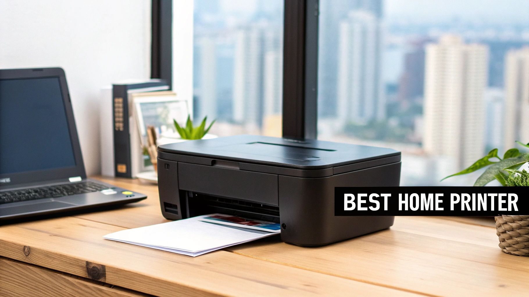 An inkjet printer producing a vibrant colour photograph next to a an laser printer producing a stack of text documents.