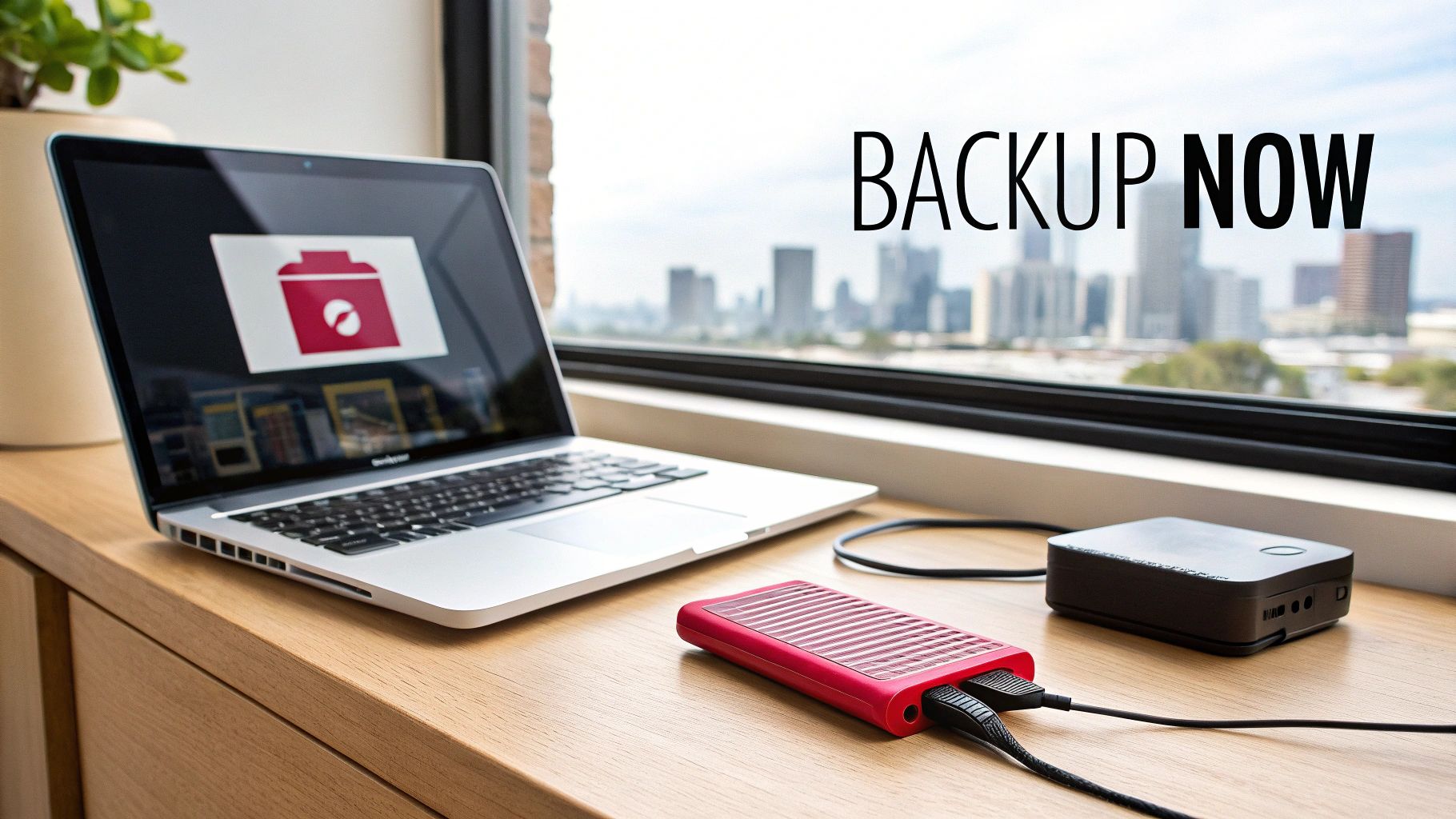A laptop displays a backup icon next to external hard drives on a desk with a city view.