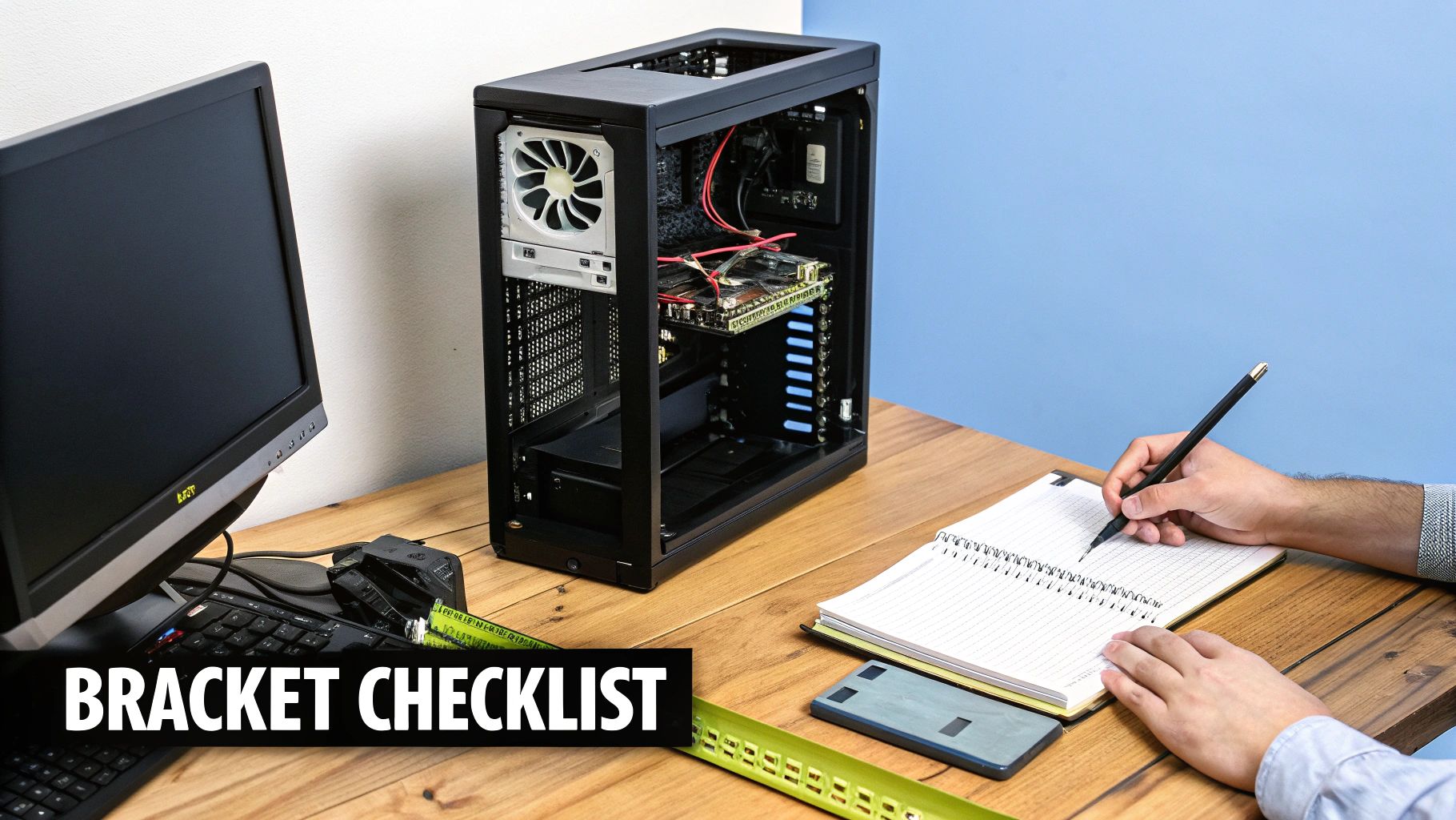 A person is writing in a notebook on a wooden desk next to an open computer case and a monitor.