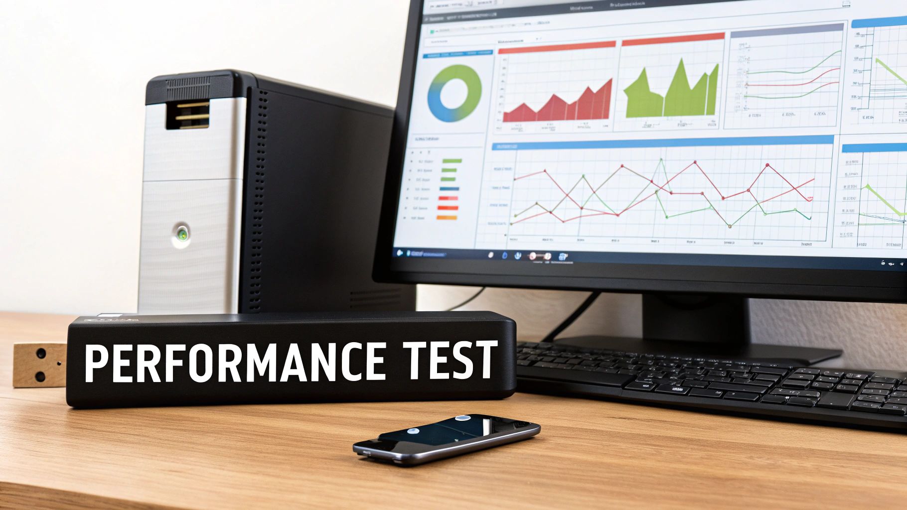 A gaming PC setup with colourful RGB lighting, showcasing the internal components during a performance test.